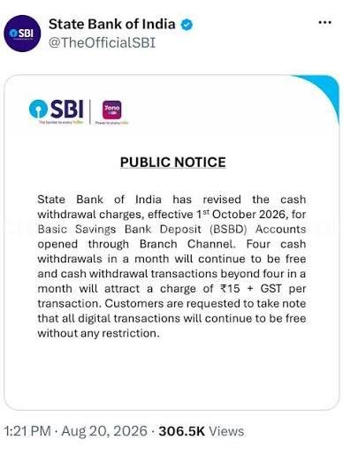 SBI Branch Withdrawal Charges